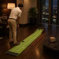 Tapis de putting de golf avec retour automatique de balle, green d'entraînement portable en gazon artificiel pour l'intérieur et l'extérieur