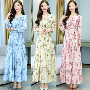 Vestido largo estampado de chifón plisado con cuello cuadrado, manga larga, estampado floral botánico, cinturón y cintura alta, para primavera/verano, uso diario, ODM - Product Image 6