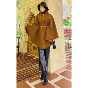 Women's Tan Belted Lamb <b>Poncho</b> Elegant Faux Fur Coats - Product Image 4