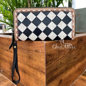กระเป๋าคลัทช์ลายตารางหมากรุกหนังแท้แฟชั่นสไตล์ตะวันตกมีซิปรอบพร้อมกระเป๋าสตางค์อเนกประสงค์แบบมีสายคล้องข้อมือ - Product Image 1