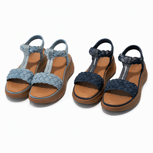 Sandalias de cuña con plataforma y tira trenzada en T para mujer, con punta cerrada, pedrería y estilo alpargata, para playa, al por mayor - Product Image 1