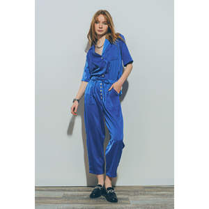 Chemise en satin bleu à manches courtes, coupe ample, style décontracté, décoration boutonnée, tissu en soie tissée, tricoté, pour le printemps/été, l'automne, taille XL - Product Image 4