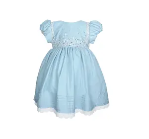 Vestido de algodón para niña bebé, bordado a máquina con cuentas a mano, color personalizado, azul, manga corta, ocasión especial, vestido Beatrix