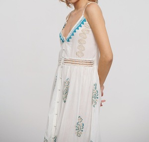 DESIGNER LONG SLEEVELESS WHITE DRESS <b>GOLD</b>/BLUE DETAILS V NECK <b>BUTTON</b> DECORATION WAIST ONE SIZE 100% Organic Cotton Eco-Friendly - Product Image 2