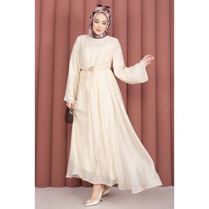 Robe de soirée confortable en mousseline beige avec broche dorée intégrée, boléro, silhouette trapèze, taille empire, longueur ras du sol, pour soirée - Product Image 4