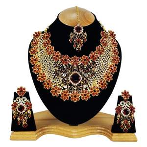 Vintage Crystal Rhinestone Zircon Imitation <b>Pearl</b> Flower Alloy Red Wedding Jewelry <b>Set</b> <b>Necklace</b> <b>Earrings</b> Headpiece Gold Plated - Product Image 1