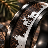 Cincin Pria JLM Premium Baja Anti Karat Hitam dengan Inlay Kayu & Rusa Perak, Gaya Rustic Hutan, untuk Pernikahan, Hadiah Ulang Tahun
