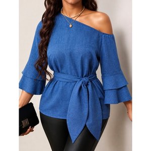 Blusa Sofia con cinturón y manga Truvakar de un solo hombro para mujer, 37653 - Azul - Product Image 1