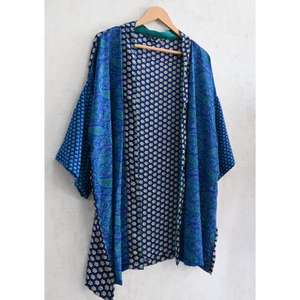 Robe de chambre courte en soie décontractée respirante grande taille, imprimé indien patchwork, longueur genou, robe de nuit d'automne, vêtement de maison confortable - Product Image 2