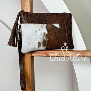 OEM Hair on Cowhide Embossed Leather Wristlet & Tassel Pouch Premium Quality Handmade Floral Leather Western Ladies <b>Purse</b> Wallet - Product Image 1