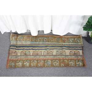 Traditional <b>Brown</b> Blue Patchwork <b>Wool</b> Rug 1.8 X 3.7 ft Handmade Turkish Jacquard Weave Latex for Hallway Bedroom Bedside Rugs - Product Image 1