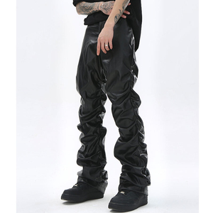 OEM Custom logo Hip Hop Custom Pockets Shiny <b>Punk</b> Faux Pu Leather Stacked Pants Men Streetwear Stacked Flare Faux Leather Pants - Product Image 2