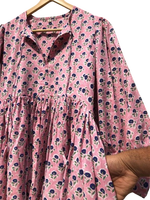 Robe midi rose 100 % coton tissé patchwork à motifs floraux, manches longues, col rond, fermeture à cordon, douce, respirante, écologique, automne