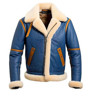 Custom <b>Men's</b> Blue <b>Shearling</b> Leather <b>Jacket</b> Warm Fur Lined Aviator Bomber Winter Coat Zip Up Motorcycle Outerwear - Product Image 1
