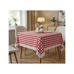 Nappe en coton à carreaux rouges et blancs de qualité supérieure 140x240cm 210 GSM avec bordure à pompons blancs pour hôtels, commandes en gros et décorations - Product Image 2