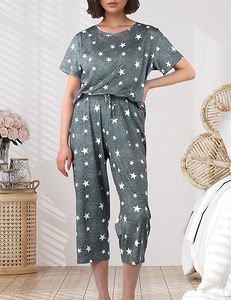 Ensembles de pyjama pour femmes de haute qualité haut de nuit à manches courtes avec pantalon Capri ensembles Pjs ensemble de pyjamas pour femmes imprimé doux - Product Image 4