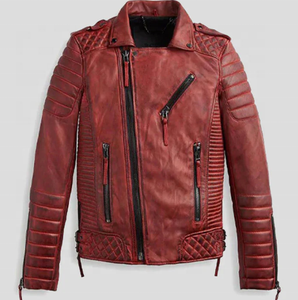 Blouson moto en cuir véritable pour homme, rouge et blanc, avec fermeture éclair, col rabattable, respirant, style automne - Product Image 4