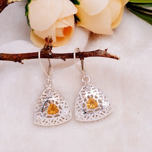 Boucles d'oreilles classiques pour femmes Boucles d'oreilles trillions en argent sterling 925 avec pierres précieuses Boucles d'oreilles bohème en citrine naturelle Cadeau pour femmes - Product Image 2