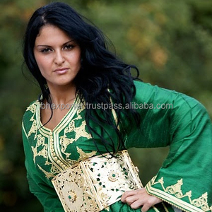 <b>Green</b> <b>Silk</b> Kaftan for Muslim Women With Embroidery and Stone Work Attractive Belt - Product Image 1