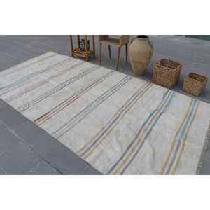 Alfombra Turca Grande de 5.2x10.7 pies, Alfombra de Lana Sólida Vintage Blanca y Azul - Product Image 4