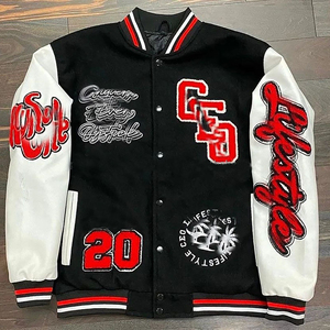 Custom Black <b>White</b> Stand Collar Varsity <b>Jacket</b> Mens Embroidered Patches Streetwear Bold Designs Winter with Snap Buttons - Product Image 1