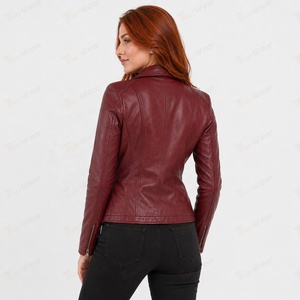 Veste moto en cuir véritable pour femme, couleur bordeaux, manches longues, fermeture éclair, col ouvert, style automne - Product Image 5