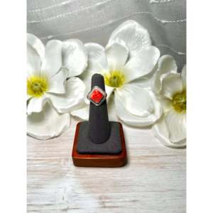 Peggy Skeets Spiny Oyster Sterling <b>Ring</b> Geometric Boho <b>Statement</b> Smooth Cut Coral Stone Size 4.75 Rhodium Plating Everyday Wear - Product Image 1