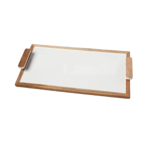 Plateau de service rectangulaire classique écologique en bois de manguier fait main avec poignées, décoratif blanc, compatible lave-vaisselle, vente en gros - Product Image 1
