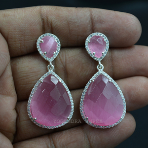 Handmade 925 <b>Sterling</b> <b>Silver</b> <b>Drop</b> <b>Earrings</b> for Women Trendy Pink Monalisa CZ Gemstone Stud for Wedding Anniversary or Gift - Product Image 4