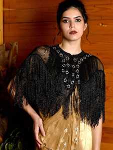 Luxueux élégant cape perlée robe de soirée club pailleté tissu en mousseline de soie décoré de perles pour une tenue formelle d'accentuation élégante - Product Image 6