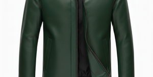 Veste longue en cuir pour homme, style urbain, col en tissu, vert, printemps-automne. - Product Image 5