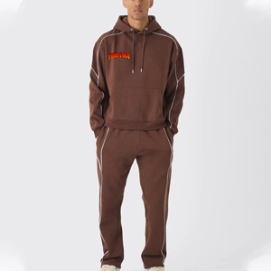 Fait sur mesure 100% coton imprimé hommes survêtement 2 pièces surdimensionné à capuche pantalon ensemble passepoil solide marron coupe-vent respirant - Product Image 6