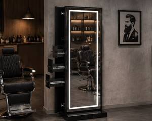 Estación de Trabajo de Barbería Moderna de Alta Gama con Doble Espejo, Marco Dorado y Lavabo de Madera con Almacenamiento |   Muebles de Salón Personalizados para Barbería - Product Image 3