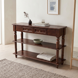 Mesa Consola Estrecha de Roble Macizo Marrón Antiguo, Estilo Vintage, con Cajones y Estantes Inferiores para Entrada o Sala de Estar, Garantía de 3 Años - Product Image 6