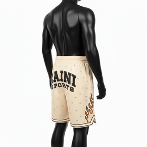 Pantalones cortos de baloncesto premium de malla de poliéster beige de 180 GSM con panel de llama, logotipo de diamantes de imitación en sarga personalizada, pantalones cortos para hombre - Product Image 5