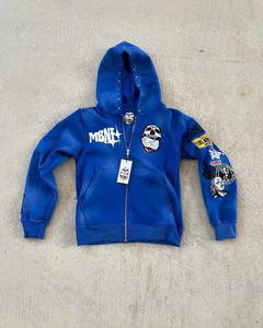 Full Zip <b>Hoodie</b> <b>Men</b> Streetwear Oversized Graphic Sweatshirt Vintage Wash Fleece Hoody Blue Black - Product Image 1