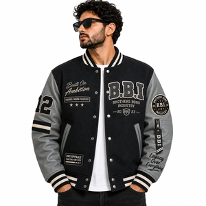 <b>Mens</b> Customizable Breathable 100% Wool Letter Graphic Varsity Bomber <b>Jacket</b> <b>Long</b> Sleeve Striped Trim Button Front Casual - Product Image 4