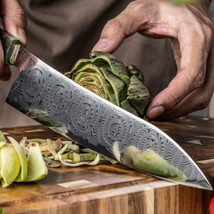 Venta al por mayor personalizado de alta calidad OEM Chef cuchillo de cocina profesional de acero de Damasco cuchillo de Chef de acero con Mango Verde - Product Image 6