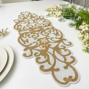 Handmade Embroidered Table Runner and <b>Placemat</b> Modern Floral Pattern with Custom <b>Glass</b> Beads Designed in USA/EU - Product Image 5