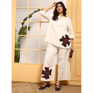 Deebaco Women's Cotton <b>2</b> <b>Piece</b> Plus Size Co-Ord <b>Set</b> Hand Embroidery O-Neck Top Ankle Length Pants Casual Summer Outfit - Product Image 1