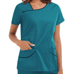 Haut de récurage médical à col en V unisexe OEM ensemble d'uniforme de passepoil extensible à manches courtes pour médecins, infirmières, médecins et hôpitaux en vente de gros - Product Image 2