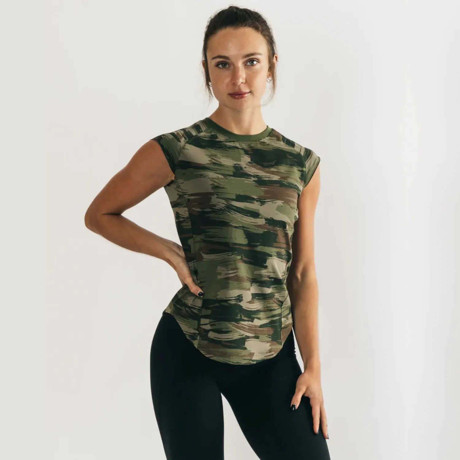 T-Shirt camouflage en toile d'olive pour femme, 95% coton, 5% Spandex, manches cape ajustées, en forme de Raglan, encolure ras du cou