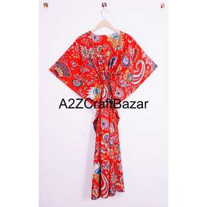 Robe pour femme en coton 100% imprimé numérique indien, longueur totale, col en V, fermeture à ceinture, manches longues, imprimé floral, style vacances, été - Product Image 5