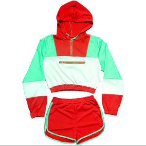 Waterproof Polyester Hooded Collar Half Zipper Spring Summer 2 Piece Set Block Print Outdoor Windbreaker Shorts Set Plus Size - Product Image 5
