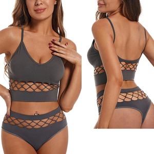 Plus Size Solid Color Sports Style Bralette And <b>Panty</b> Set Camisole Hollow Out Underwear Suit Small Chest Gathered Thin Ring Bra - Product Image 4