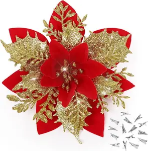 7 אינץ 'popsetia מלאכותי בד חג המולד פרחים אדום זהב כחול זהב כחול נצנצים קישוטים xmas עבור זר
