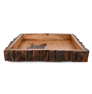 Bandeja de servicio de corteza de madera natural cuadrada con asas de metal, bandeja de mayordomo rústica, mesa de comedor de campo para centro de mesa, organizador de escritorio - Product Image 1