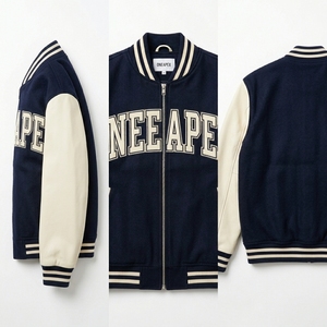 Blouson zippé en mélange de laine bleu marine et crème pour homme, avec broderie personnalisée, col et poignets en tricot côtelé, style streetwear décontracté, vente en gros USA - Product Image 6