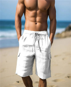 <b>Men's</b> <b>Linen</b> <b>Shorts</b> Solid Tooling Wind Elastic Drawstring Quarter Pants Side Pockets Comfortable Lightweight Stylish Breathable - Product Image 3