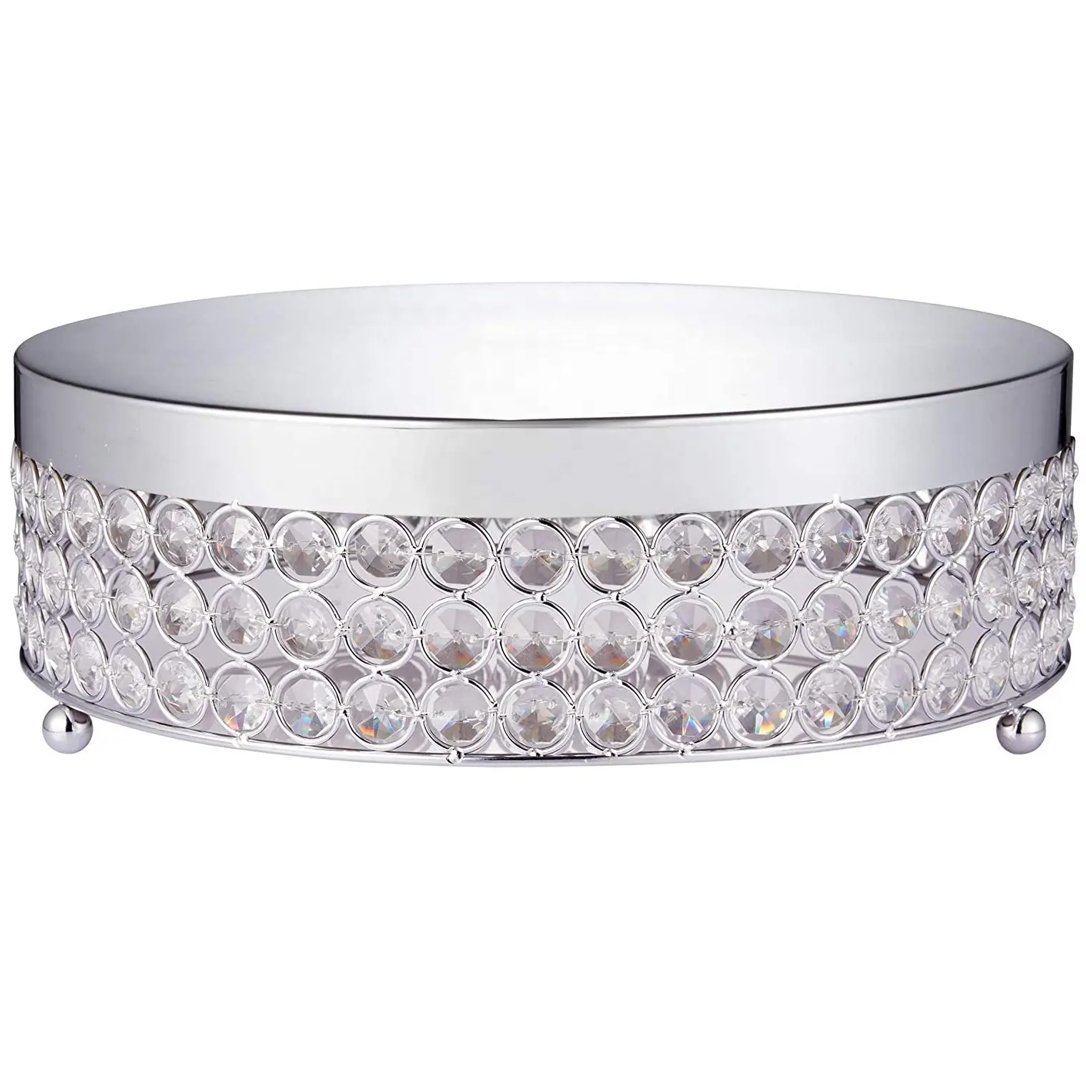 Gladde Metallic Top Met Glanzende Kristallen Kralen Cake Stand Zilver Kleur Ronde Gevormde Verhoogde Caketribune Met Bal Voeten